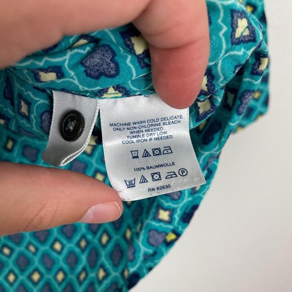 Lands' End Geometric Tile Pattern Button Up Top Workwear Office Blue Teal - Picture 5 of 6
